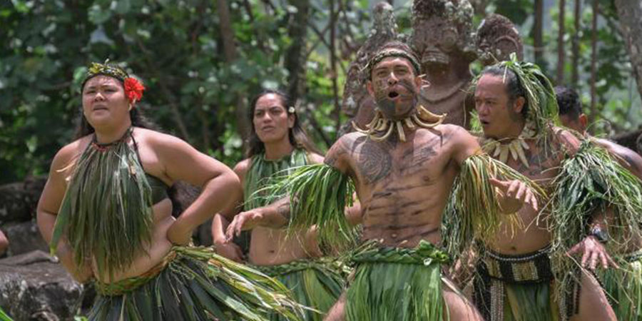 Nuku Hiva people in grass skirts