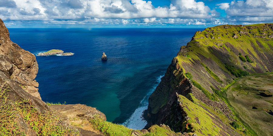 Aerial view of volcano and ocean