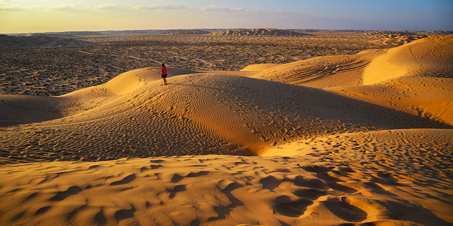 Person walking on sand dunes in desert