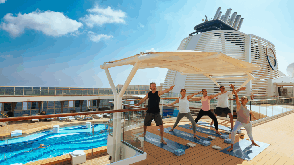 Yoga class on ship deck next to pool