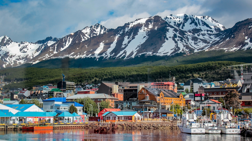 view of port in Ushuaia with mountains in the horizon